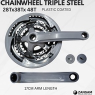 Triple Chainwheel Crankset 28T 38T 48T | Steel Crank Set | 170mm Arm Length | Plastic Coated | MTB /