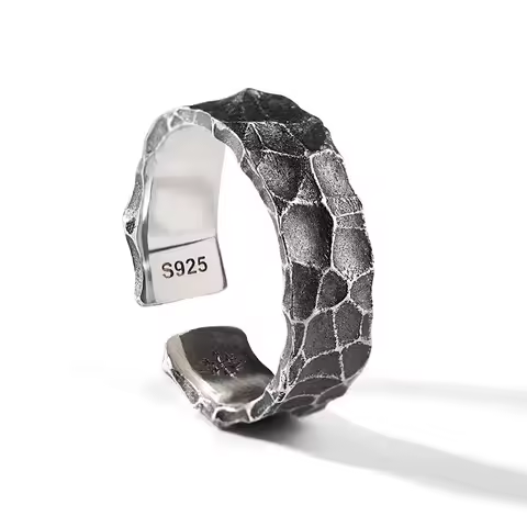 Stone Pattern Ring for Men and Women New Fashion Crack Style Retro Finger Jewel 925 Silver Plated Op