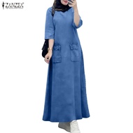 ZANZEA Women Muslim Retro Leisure Round Neck 3/4 Sleeve Patch Pocket Denim Imitation A-Line Dresses