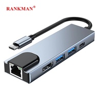 Rankman USB C Hub to RJ45 Ethernet 4K HDTV USB 3.0 2.0 Type C Dock for MacBook iPad Pro Samsung S22 