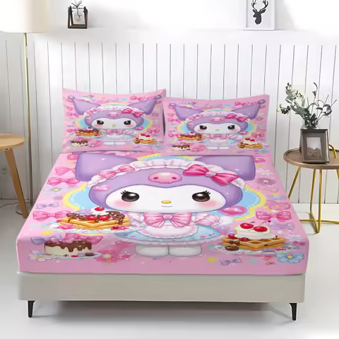 Kawaii Kuromi Pink Dessert Fitted Sheet Sanrio Cute Lolita Bed Sheet Set with Pillowcases Anime Bedd