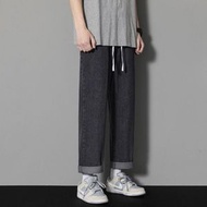 闊腿牛仔褲男2025新款潮牌寬鬆直筒男生春夏潮流青少年休閒長褲子-灰色 S