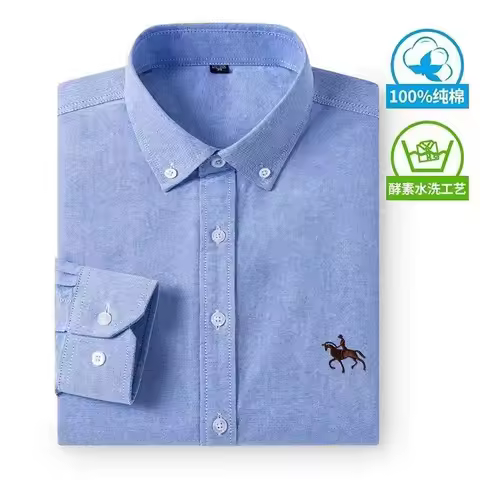 100% Pure Cotton Oxford Shirt For Men's Long Sleeve Solid Casual Business Regular-Fit Formal Dress S