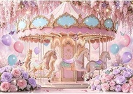 Luminora 2.1 x 1.5 m Pink Dreamy Carousel Playground Background, Wonderland Flower Balloon Backgroun