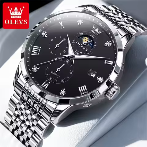 OLEVS 2925 Business Chronograph Quartz Wristwatch for Man Calendar 24 Hour Moon Phase Day Date Luxur