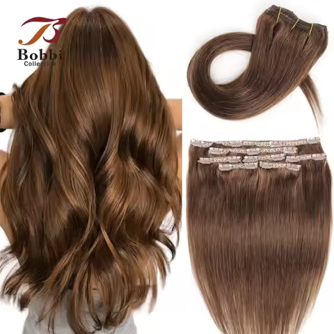 Brown Clip In Hair Extensions Seamless Strong Weft 100% Human Hair 7Pcs/Set 17 Clips Soft Straight F