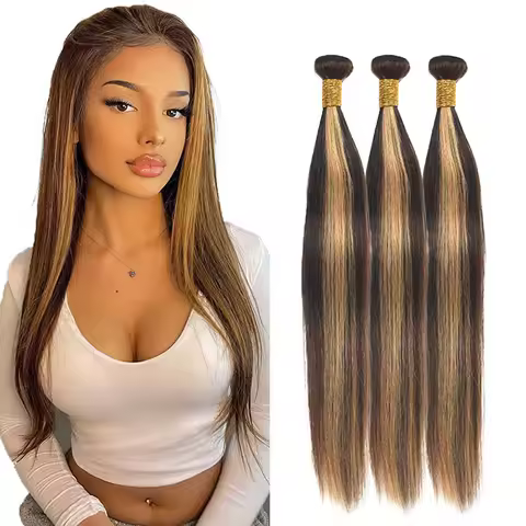 Highlight Honey Blonde Bundles P4/27 Straight Human Hair Bundles 2 Tone Brown Mixed Honey Blonde Bun