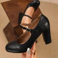 [MISS ROSIE]Women's Elegant Fashion High Heel Mary Jane Shoes T-Strap Round Toe Low Vamp Chunky Heel