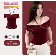 Super cute off-the-shoulder t-shirt with halter neck for women