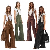 Womens Jumpsuit Faux Suede Fringe Casual Sexy Cowgirl Adjustable High Waisted Western Vintage Outfit
