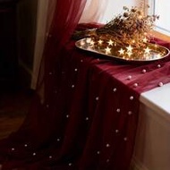 1pc Wine Red/Dark Green Lace Pearl Table Runner, 2.4x9.95ft, Elegant Polyester Wedding Arch And Brid