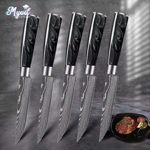 Steak Knife Set Stainless Steel Serrated Beef Knives Damascus Pattern Tablewares Steak Knives Cutler