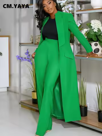 CM.YAYA Women's Set Full Sleeve X-Long Blazer Coat+ Long Pant Suit 2025 Spring Streetwear Two 2 Piec