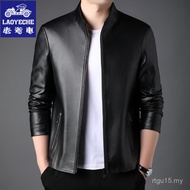 Jaket Kulit Vintaj untuk Lelaki Jaket Kulit Tulen Warna Pejal Kolar Berdiri Musim Bunga Musim Gugur 