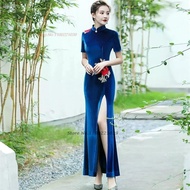 Women Flower Embroidery Aodai Velvet Cheongsam Oriental Banquet Evening Party Dress