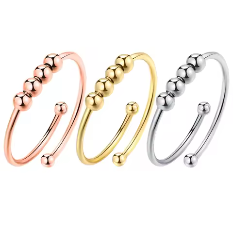 Open Adjustable Anxiety Worry Ring with Beads Spinning Rings Anxiety Stainless Steel Band Statement 