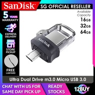 SanDisk Ultra Dual Drive m3.0 USB 3.0 MicroUSB Flash Drive 130MB/s Read Speed 60MB/s 16GB 32GB 64GB DD3 12BUY