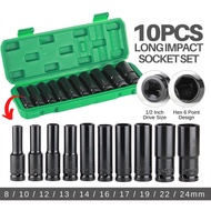 10PCS(8mm - 24mm) /14PCS(3/16inch-12mm) Long Impact Socket Set/box/set/black/socket/long/air/head/dr