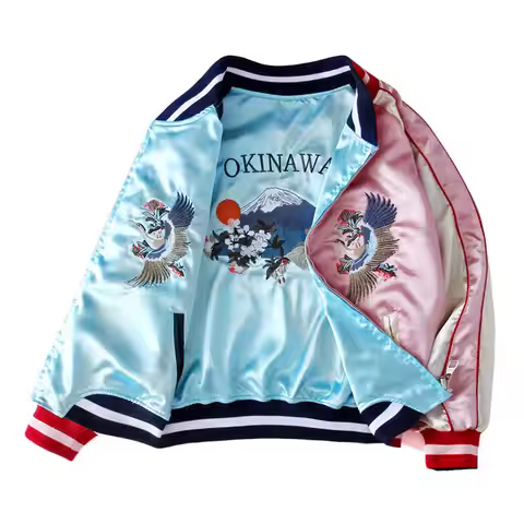 Double Sided Satin Baseball Jacket Women Sukajan Bomber Jacket Female Girls Embroidery Coat 2025 Spr