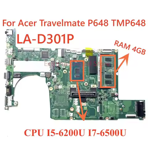 LA-D301P For Acer Travelmate P648 TMP648 laptop motherboard with CPU I3-6100U I5-6200U I7-6500U UMA 