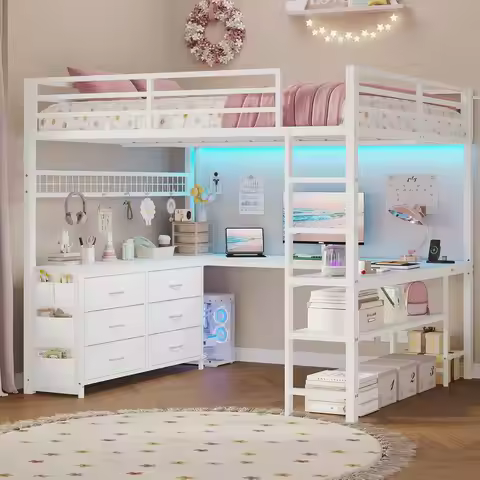 Loft Bed Full Size with U-Shaped Desk, 6 Storage Drawers, Power Outlet, LED Metal Loft Bed with 2 St