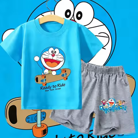 Doraemon New T-shirt Suit Children's Summer Tops+shorts Pants Set Cute Cartoon Pajamas Sets Home Wea