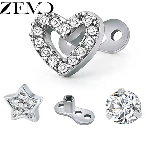 ZEMO 2 PCS 14G Cubic Zirconia Dermal Anchor Tops Base 316L Stainless Steel Microdermals Skin Diver P