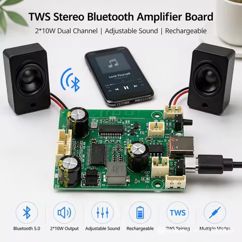 DC 3.7-5V TWS Stereo Bluetooth Power Amplifier Board Dual Channel High Sound Quality 2x10W Output So