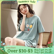 Pajama Set Women Cotton Sleepwear for Summer Short Sleeved Quater Length Pants Two Piece Pjs Cute