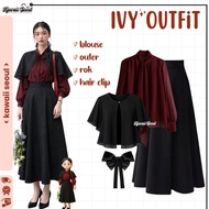 5in1 One Set Korean Outer Crop Blouse Ribbon Skirt Mayung Shoulder Bag Hairclip Outfit Yearbook Simp