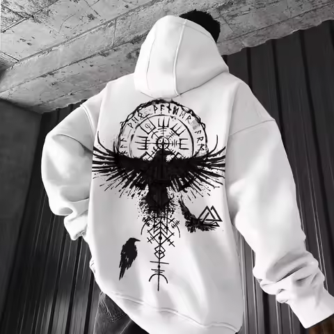 Men's Viking Totem Printed Hooded Sweatshirt Y2K Hooded Sweatshirt Loose Eagle Pattern Sportswear