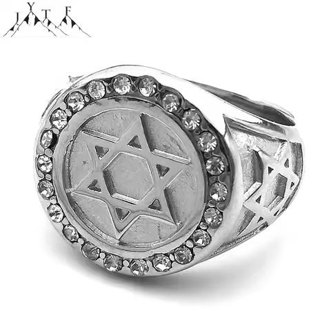 Hexagram Star of David Clear Crystal Ring for Men Silver Color Stainless Steel Punk Hip Hop Male Bik