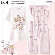 Mikko ผ้าฝ้ายแท้รอบคอชุดนอนสําหรับสตรีฤดูร้อนแขนสั้นกางเกงขาสั้นน่ารักหมีออกแบบการ์ตูนภาพเคลื่อนไหวร