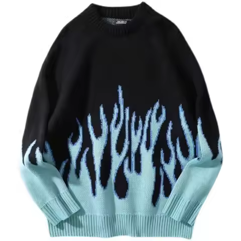 New Winter Autumn Sweater Women Men Casual Long Sleeve Blue Flame Oversized Pullover Sweater Loose B