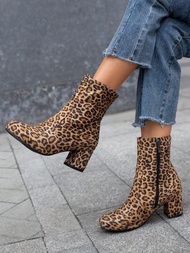 女性時尚豹紋踝靴帶粗跟高跟鞋和圓頭適用於秋天和冬天