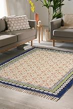 6x8 Ft Floral Block Printed Rug, Garden & Courtyard Carpet, Low Pile Flatweave Geometric Rug Indian 