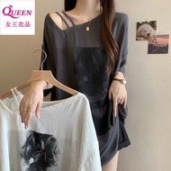 新款 寬松 顯瘦 上衣女韓版 ins 潮 大码印花露肩设计感短袖T恤女夏季2025新款宽松显瘦上衣女ins Large Size Printed Strapless Design Short-Slee