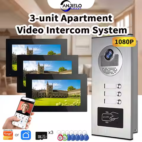 ANJIELO 3-Unit Apartments Intercom Video Doorbell with RFID Card Unlock 4 Wired Video Door Phone Sys