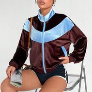 Women's Dark Brown Contrast Color Velvet Jacket,80s Autumn Zip-Up Long Sleeve Sports Workout Jacket,