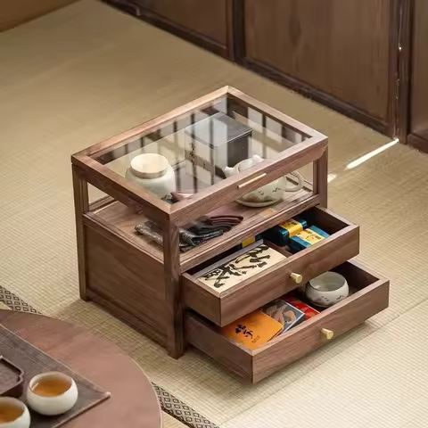 Black Walnut Desktop Organizer Box with Drawer Chinese Tea Set & Pu-erh Cake Storage Cabinet, Glass 
