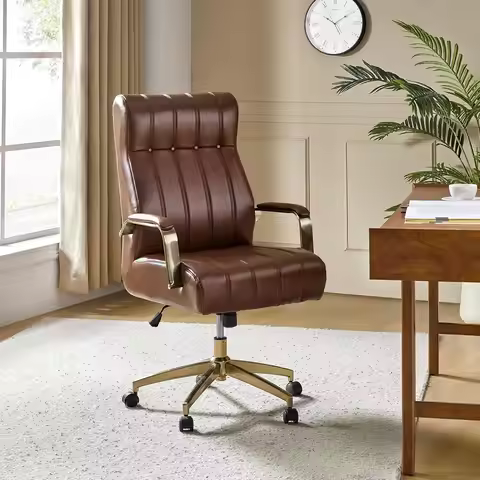 Modern Executive Office Chair, Faux Leather Tufted Ergonomic Desk Chair with Gold Plated Base & Armr