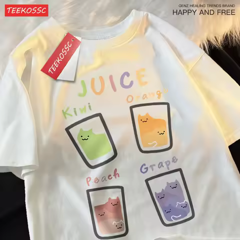 Siblings Tshirts Juice Fruit Cup Cat Tshirt Oversized Short Sleeve Cotton Soft T-Shirts Street Casua