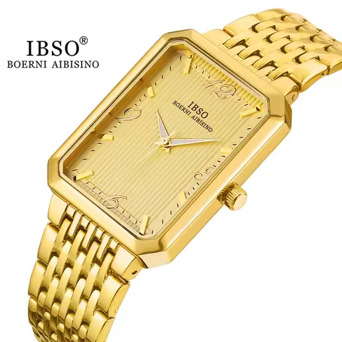 IBSO Ultra-Thin Men Quartz Watch Luxury Style Rectangle Dial Stainless Steel Strap Waterproof 3ATM W