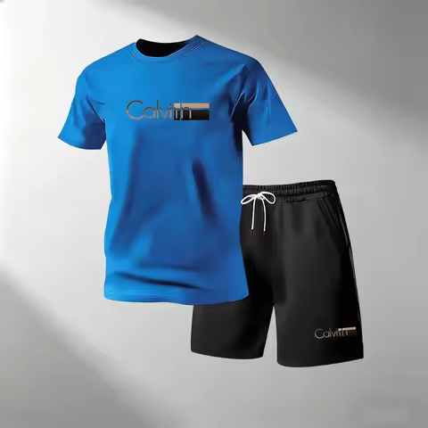 2026 Summer Men's Streetwear 2 Piece Set O-Neck T-Shirt+Sports Shorts Quick Dry Fitness Gym Running