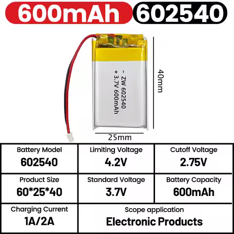 602540 Lipo 600mAh 3.7V 602540 Lithium Battery Li Polymer Batteries for Flashlight Remote Controller