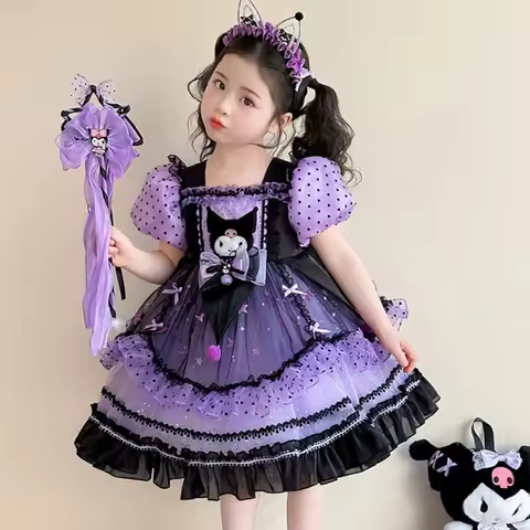 2026 New Anime Girl Dress Summer New Kuromi Kawaii Lolita Skirt Children Cartoon Fashion Sweet Soft 