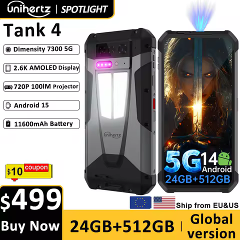 Unihertz by 8849 Tank 4 Smartphone 5G Built-in 720P Projector 512GB ROM 24GB RAM 11600mAh Dimensity 
