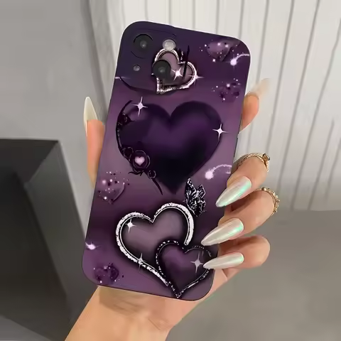 Purple Heart-Shaped Design TPU Phone Case For iPhone 17 16 Pro Cases iPhone 16E 11 12 13 14 15 Pro M