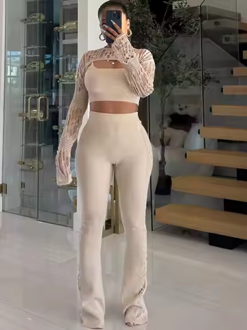 Doyerl Solid Knit 3 Piece Set for Women Festivals Outfit Club Wear Y2K Long Sleeve Crop Top and Flar