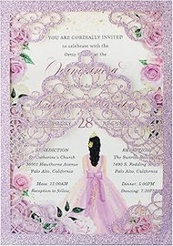 Hosmsua 50PCS 5.1x7.3 Inch Blank Purple Glitter Quinceanera Invitations Kit Laser Cut Floral Crown P